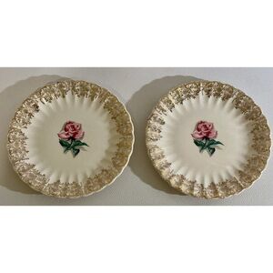 American Limoges Le Fleur Rouge Salad Plates Set of 2 • 22K Gold Trim • Vintage